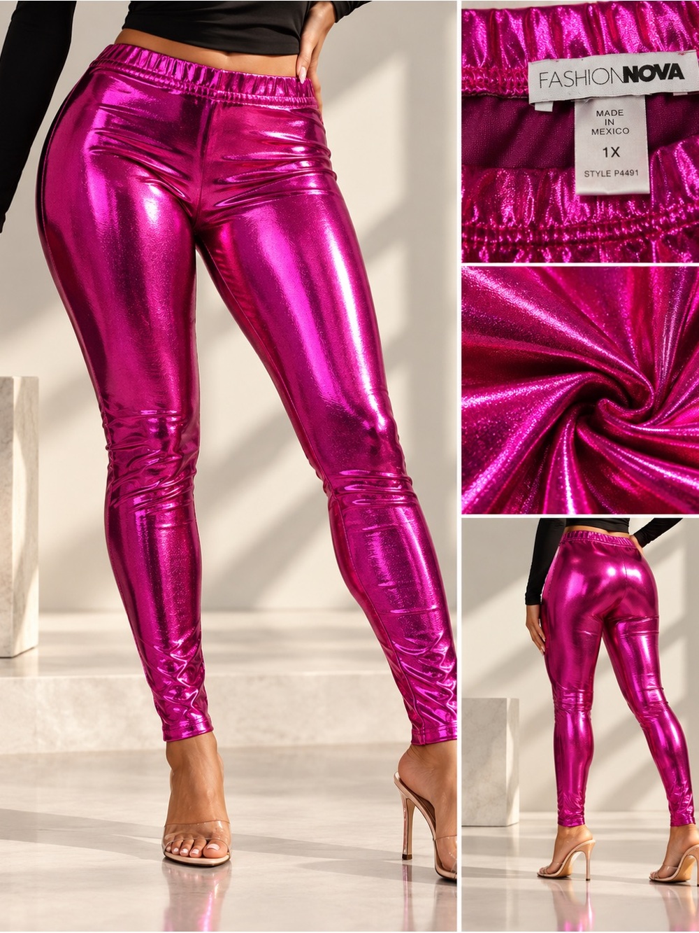 Fashion Nova Metallic Magenta High-Waist Leggings - Shiny Magenta